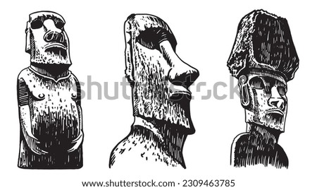 Graphical  collection of moai statues isolated on white background, vector elements. Archeological artifacts 