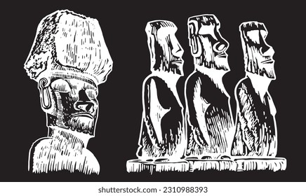 Graphical  collection of moai statues on black background, vector elements. Archeological artifacts 