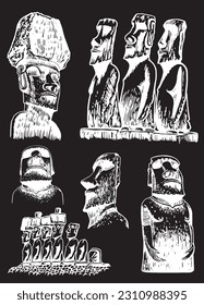 Graphical  collection of moai statues on black background, vector elements. Archeological artifacts 