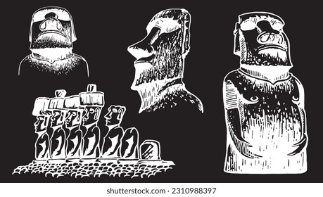 Graphical  collection of moai statues on black background, vector elements. Archeological artifacts 