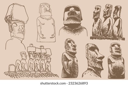 Graphical  collection of moai statues on sepia background, vector elements. Archeological artifacts 