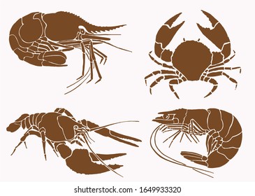 Graphical collection of sea-food , sepia background, vector vintage illustration