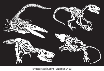 Graphical collection of skeletons of tyrannosaurus and crocodile isolated on black, paleontology