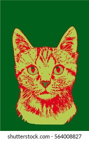 Graphical color cat isolated on green background. Pop art 