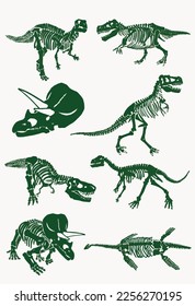 Graphical color illustration, set of green dinosaur skeletons isolated on white background,vector illustration