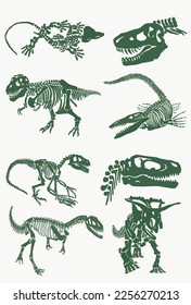 Graphical color illustration, set of green dinosaur skeletons isolated on white background,vector illustration