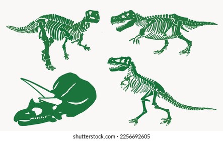 Graphical color illustration, set of green dinosaur skeletons isolated on white background,vector illustration