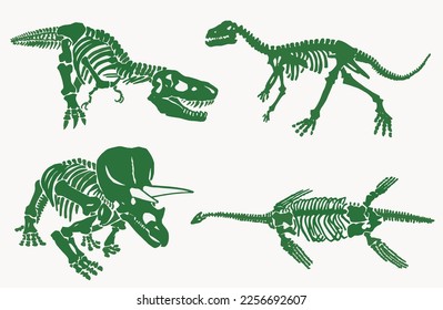 Graphical color illustration, set of green dinosaur skeletons isolated on white background,vector illustration