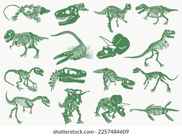 Graphical color illustration, set of green dinosaur skeletons isolated on white background,vector illustration

