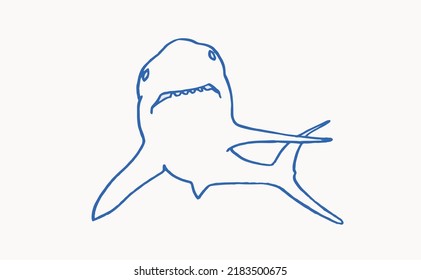 Graphical color lined  shark isolated on white.Marine life habitant doodle drawing, blue sketch for tattoo and coloring