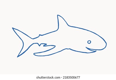 Graphical color lined  shark isolated on white.Marine life habitant doodle drawing, blue sketch for tattoo and coloring