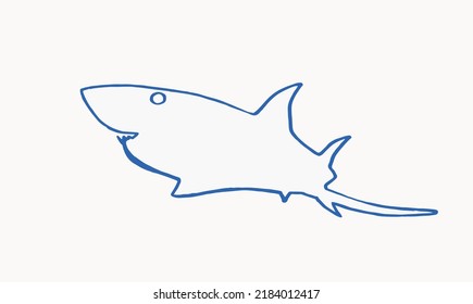 Graphical color lined  shark isolated on white.Marine life habitant doodle drawing, blue sketch for tattoo and coloring