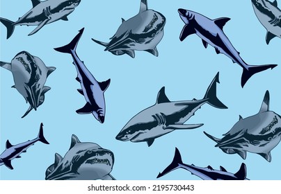  Graphical color  pattern blue sharks, stylish cover for fabric, postcards, wallpapers,graphical vector illustration. Sea and ocean habitant background design