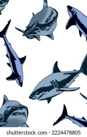  Graphical color  pattern with sharks, stylish cover for fabric, postcards, wallpapers,graphical vector illustration. Sea and ocean habitant background design