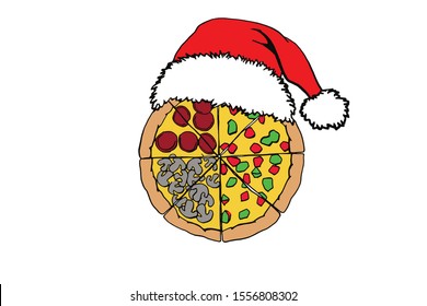 Graphical color pizza in Santa Claus hat isolated on white background,vector new year illustration