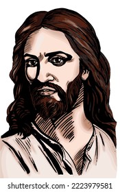 Graphical  color portrait of Jesus Christ isolated on white background,vector illustration. Religious character , saint person