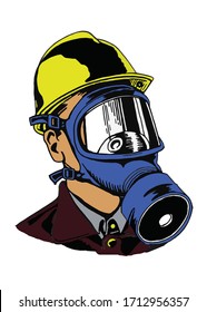 Graphical color portrait of man in  gas mask and helmet isolated on white background , vector illustration, worker