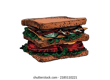 Graphical color  sandwich on white,vector fast food illustration