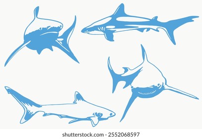 Graphical color  set of blue sharks isolated on white background,vector ink pen illustration,tattoo elements	