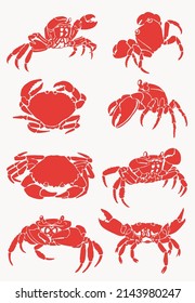Graphical color set of crabs isolated on white background,vector sea-food elements