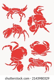 Grafische Farbsätze von Krabben einzeln auf weißem Hintergrund, Vektormeereselemente