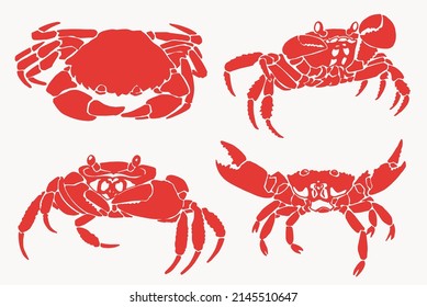Graphical color set of crabs isolated on white background,vector sea-food elements