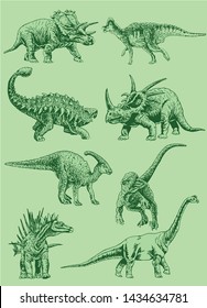 Graphical color set of dinosaurs  , pop art background,vector sketch for typography