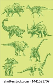 Graphical color set of dinosaurs , pop art background,vector sketch for typography	
