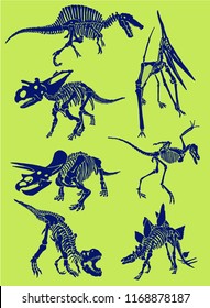 Graphical color set of dinosaurs skeletons , pop art  background,vector sketch for typography