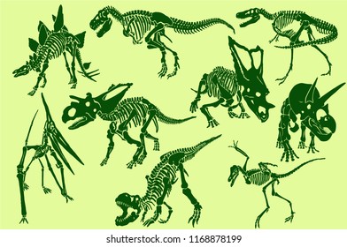 Graphical color set of dinosaurs skeletons , pop art  background,vector sketch for typography