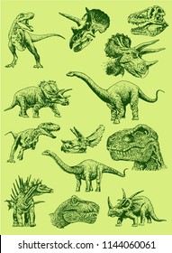 Graphical color set of dinosaurs ,vector green tyrannosaurus, triceratops,velociraptor, diplodocus