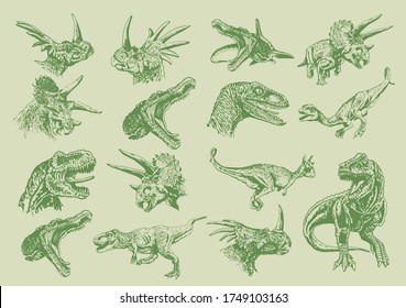 Graphical color set of green  dinosaurs  ,vector illustration  for printing and design