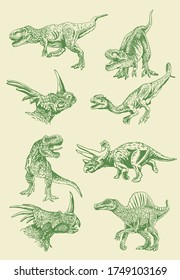 Graphical color set of green  dinosaurs  ,vector illustration  for printing and design