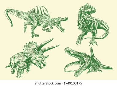 Graphical color set of green  dinosaurs  ,vector illustration  for printing and design