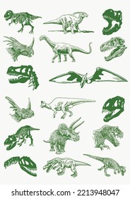 Graphical color set of green dinosaurs isolated on white background,vector illustration for tattoo , printing and textile