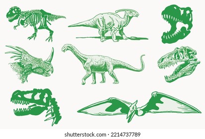 Graphical color set of green dinosaurs isolated on white background,vector illustration for tattoo , printing and textile