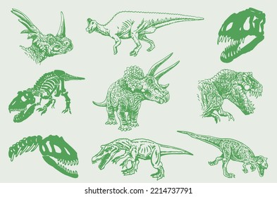 Graphical color set of green dinosaurs isolated on white background,vector illustration for tattoo , printing and textile