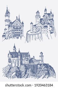  Graphical color set of Neuschwanstein Castles , Germany medieval castles. 