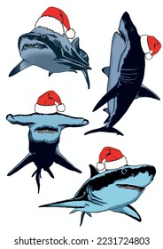 Graphical color set of sharks in Santa Claus red hats on white isolated, blue magalodon. Vector illustration,marine life