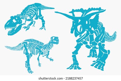 Graphical color set silhouettes of dinosaur skeletons isolated on white background, vector  illustration