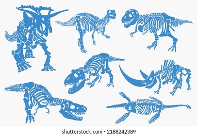 Graphical color set silhouettes of dinosaur skeletons isolated on white background, vector illustration