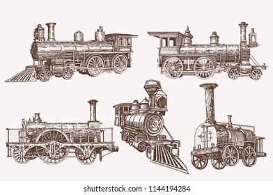 Graphical color set of trains isolated,vector medieval locomotives,retro sketch