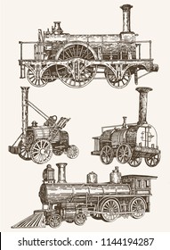 Graphical color set of trains isolated,vector medieval locomotives,retro sketch