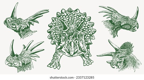 Graphical color set of triceratopses ,vector illustration,green  designs.