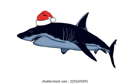 Graphical color shark in Santa Claus red hat on white isolated, blue magalodon. Vector illustration,marine life