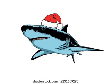 Graphical color shark in Santa Claus red hat on white isolated, blue magalodon. Vector illustration,marine life