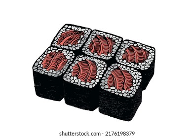 Graphical color sushi rolls isolated on white background,vector food illustration
