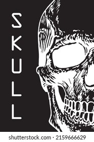 Graphical cover with text and human skull on black background, vector illustration for typography and design