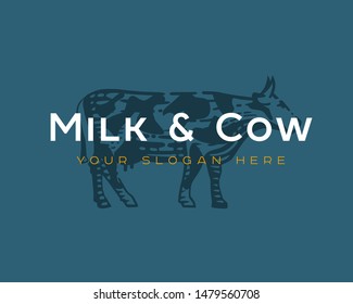 Graphical cow logo, hand drawn vintage illustrations.