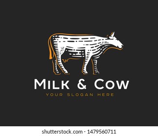 Graphical cow logo, hand drawn vintage illustrations.